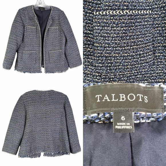 Talbots Blazer Women's Size 6 Blue Tweed LS Open Jacket Crop Fringe Lined Cotton - Picture 1 of 8